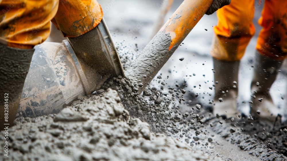 Workers pouring concrete from a mixer, the cement mix containing Portland cement and aggregate, forming a solid foundation for construction
