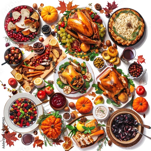 Festive foods, Thanksgiving spread, digital collage, artistic, isolated on white background