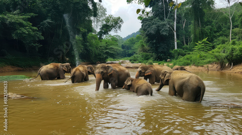 Elephants enjoying a refreshing bath in a river at an ethical elephant sanctuary near Chiang Mai photo