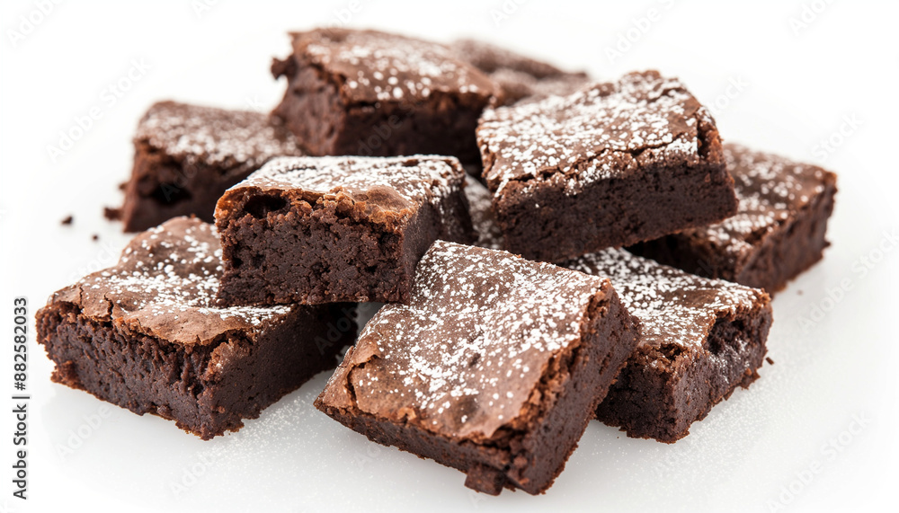 rich, fudgy brownies, cut into perfect squares with a crackly top, set against a pristine white background rich, fudgy brownies, cut into perfect squares with a crackly top, set against a pristine white background