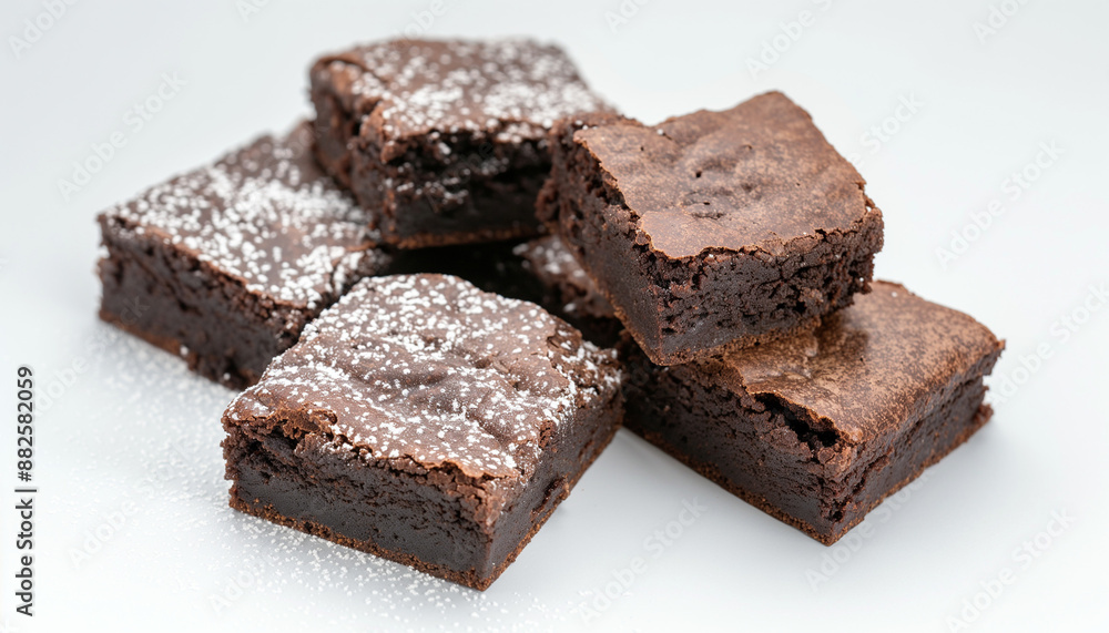 rich, fudgy brownies, cut into perfect squares with a crackly top, set against a pristine white background rich, fudgy brownies, cut into perfect squares with a crackly top, set against a pristine white background