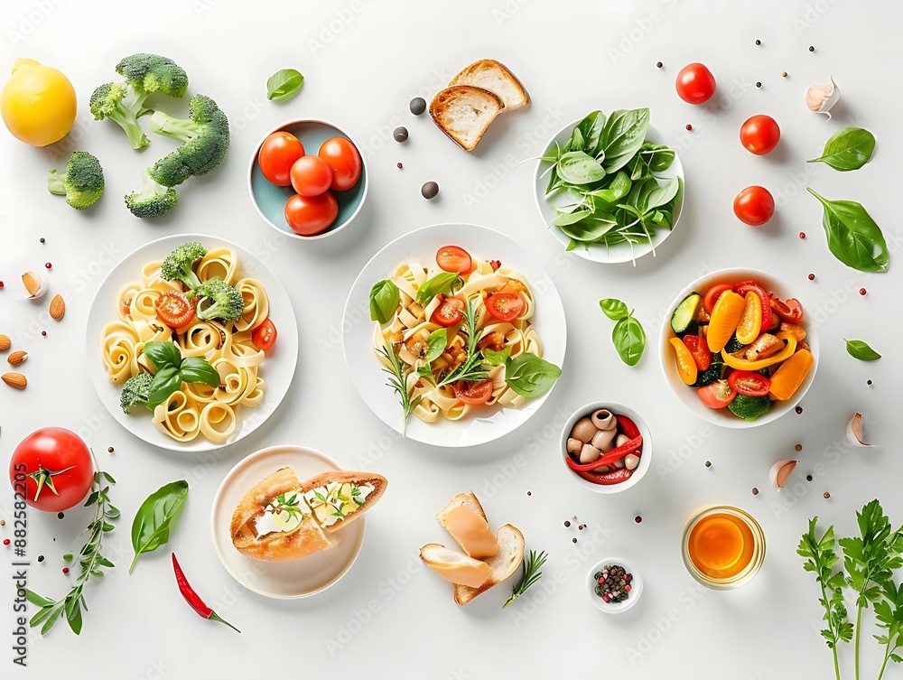 Fresh Pasta with Cherry Tomatoes, Basil, and Broccoli - Flat Lay Food Photography Fresh Pasta with Cherry Tomatoes, Basil, and Broccoli - Flat Lay Food Photography