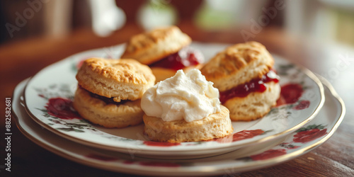 Wallpaper Mural traditional english scones, featuring golden-brown, fluffy scones served with clotted cream and strawberry jam, arranged on a vintage floral plate Torontodigital.ca