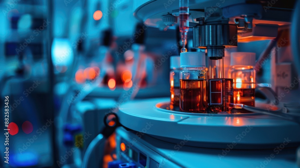 A lab with many bottles and a machine with a light on it A lab with many bottles and a machine with a light on it