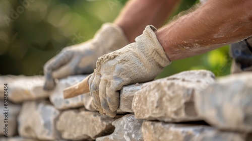 Mason working with mortar and tools, carefully constructing a stone wall, demonstrating traditional building techniques and attention to detail