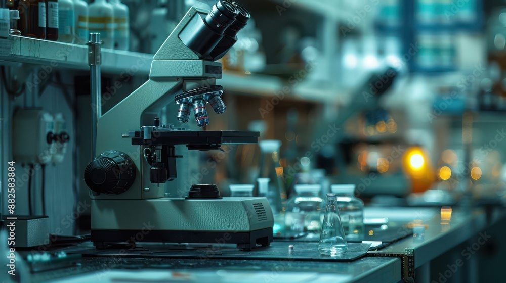 A microscope is on a table in a lab A microscope is on a table in a lab