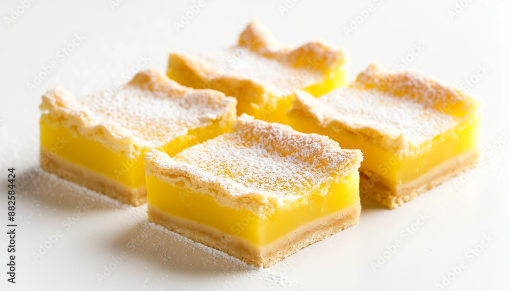 vibrant lemon bars, cut into squares with a smooth lemon curd filling and a dusting of powdered sugar, on a clean white background vibrant lemon bars, cut into squares with a smooth lemon curd filling and a dusting of powdered sugar, on a clean white background
