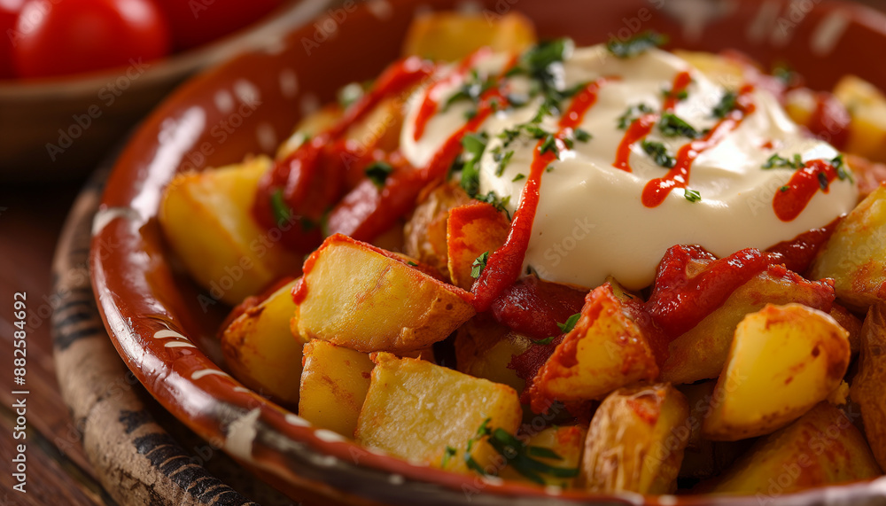 vibrant patatas bravas, featuring crispy fried potatoes topped with spicy brava sauce and aioli, served on a traditional spanish ceramic plate vibrant patatas bravas, featuring crispy fried potatoes topped with spicy brava sauce and aioli, served on a traditional spanish ceramic plate