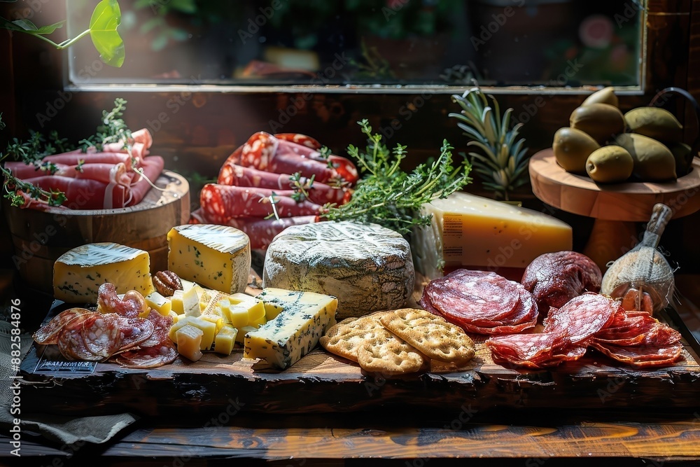 A rustic and inviting scene showcasing the abundance and variety of a charcuterie board. A rustic and inviting scene showcasing the abundance and variety of a charcuterie board.