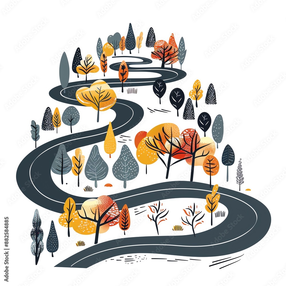 Naklejka premium Winding roads, colorful trees, vector illustration, clean lines, isolated on white background