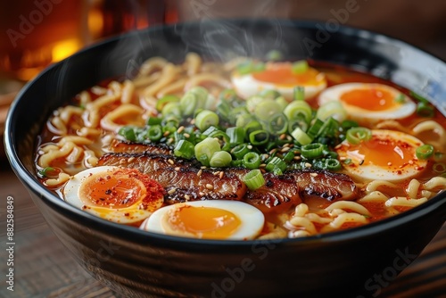 A warm and comforting image of a steaming bowl of ramen, perfect for a cozy night in.