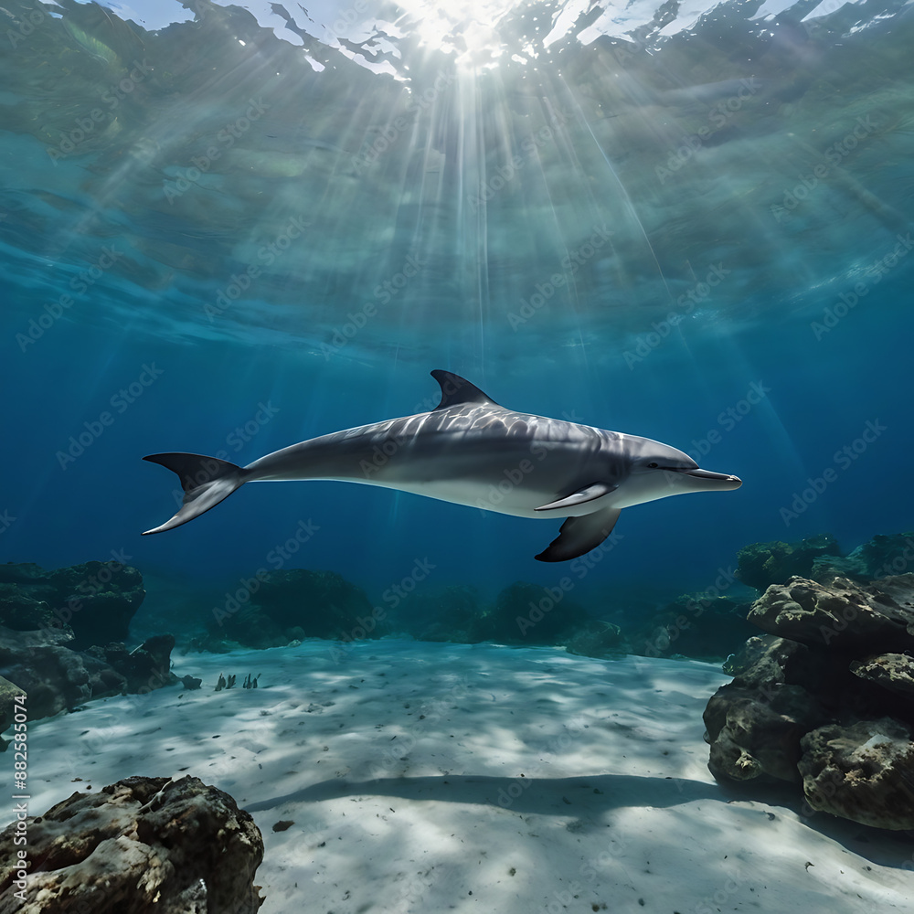 Naklejka premium A serene underwater scene with dolphin swimming playfully in the blue water with copy space