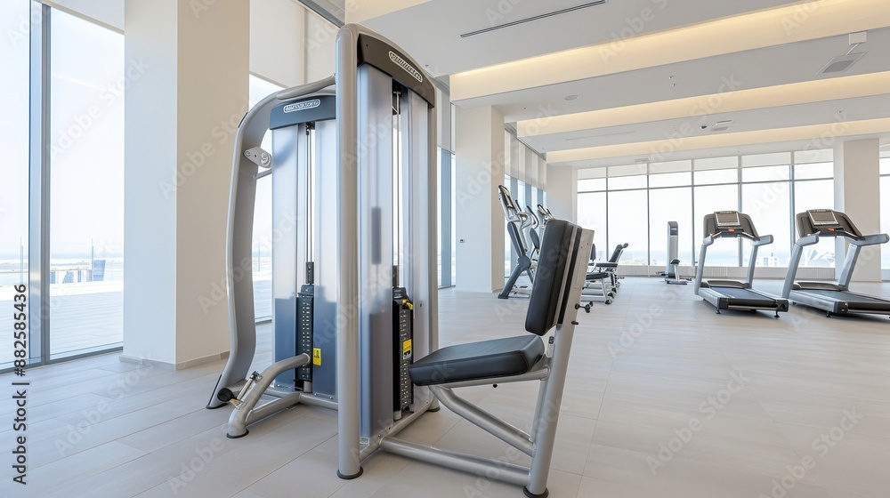 High-tech gym filled with modern exercise machinery and devices, advanced fitness gear and tools for optimal workout efficiency High-tech gym filled with modern exercise machinery and devices, advanced fitness gear and tools for optimal workout efficiency