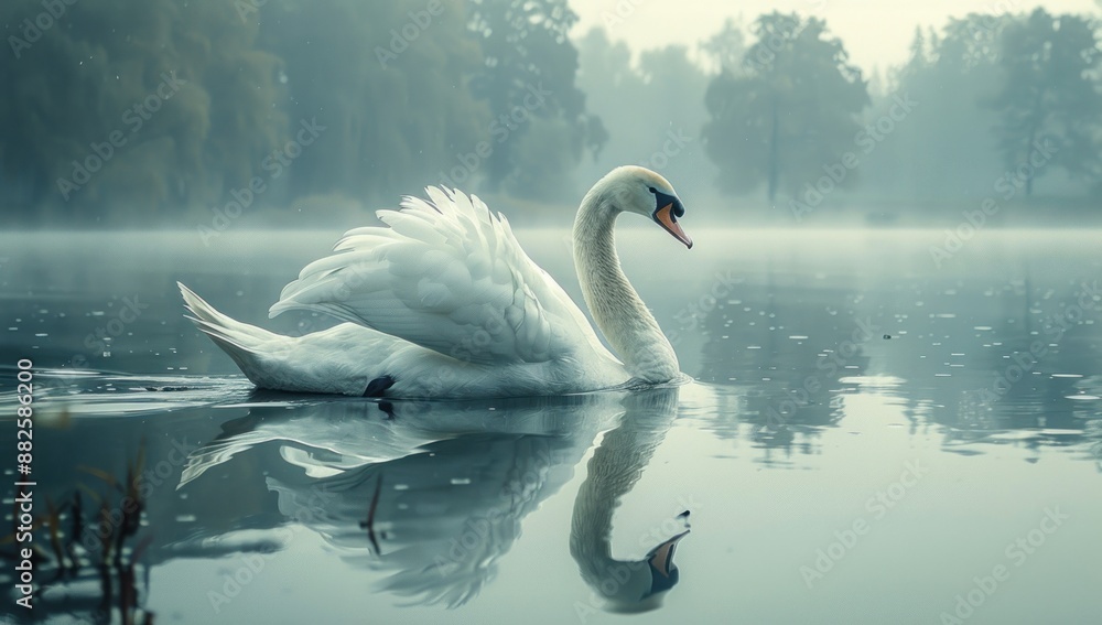 Fototapeta premium Solitary Swan in Misty Lake