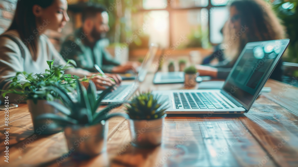 A collaborative workspace with people working on laptops and surrounded by green plants, reflecting a modern and productive office environment.