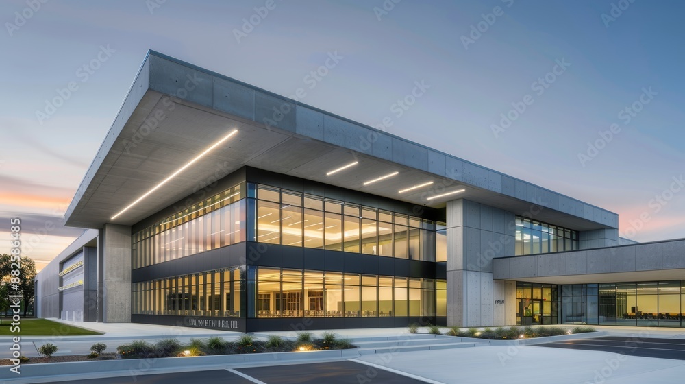 Innovative concrete building, serving as a multi-purpose facility, combining modern construction techniques with sleek, utilitarian design Innovative concrete building, serving as a multi-purpose facility, combining modern construction techniques with sleek, utilitarian design