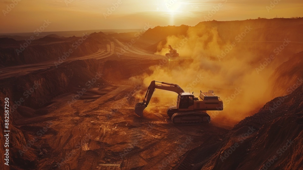 Excavator at Sunset in a Quarry Excavator at Sunset in a Quarry