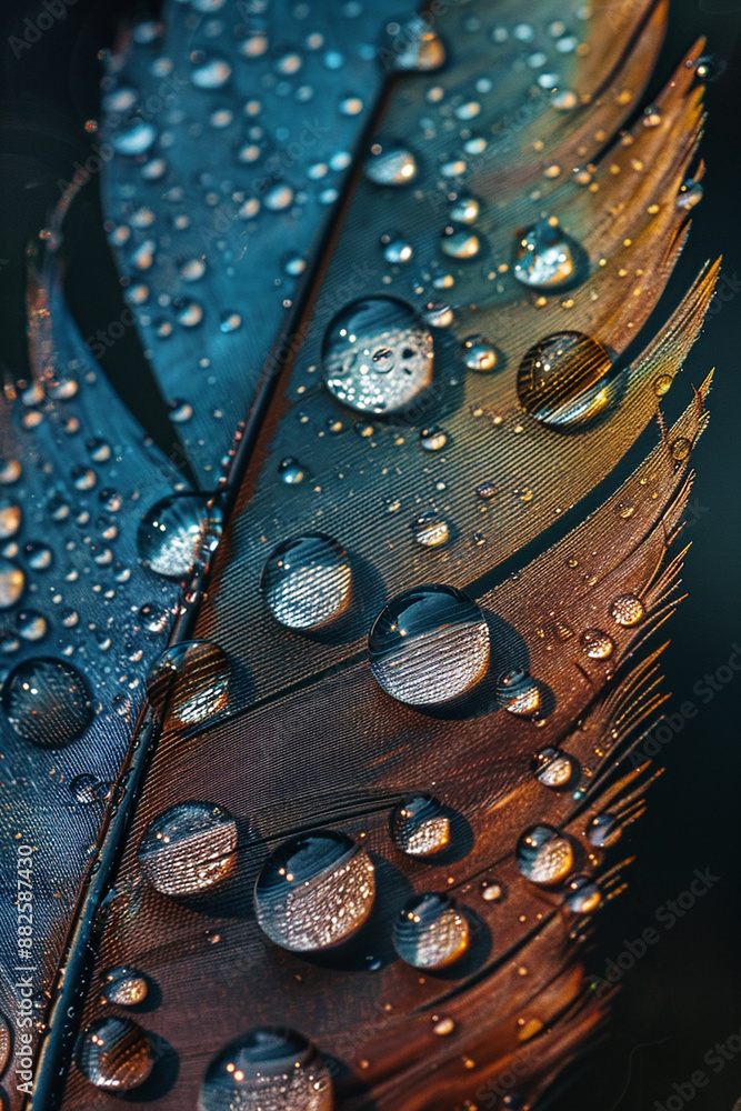 Fototapeta premium Close-up of a feather with water droplets, showcasing the delicate texture and intricate details.