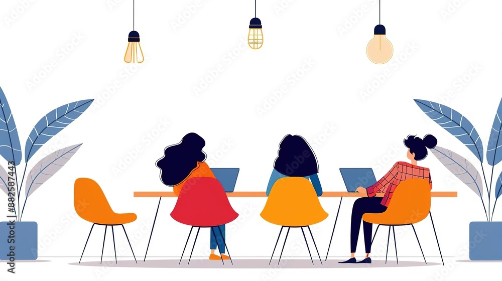 Startup founders' meetup, warm glow, portrait shot, cozy cafe background with left margin copy space isolated on soft plain pastel solid background Startup founders' meetup, warm glow, portrait shot, cozy cafe background with left margin copy space isolated on soft plain pastel solid background