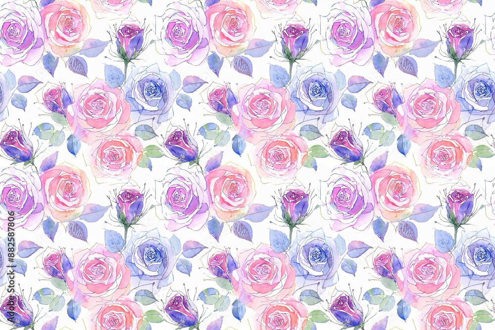 水彩画の薔薇のシームレスパターン白背景イラスト 水彩画の薔薇のシームレスパターン白背景イラスト