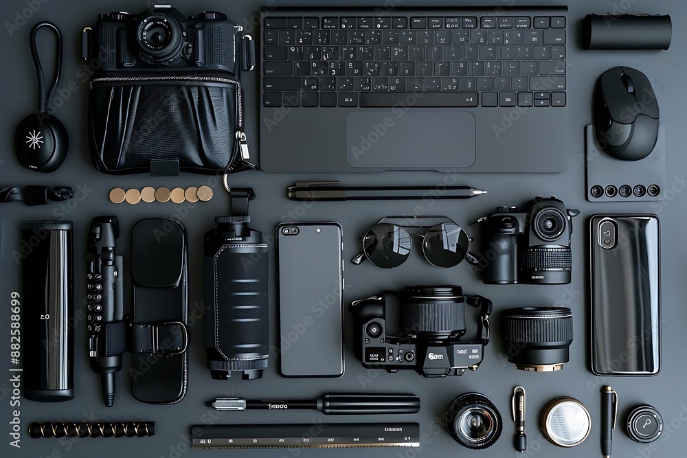 Black Camera and Tech Accessories Flat Lay Illustration Black Camera and Tech Accessories Flat Lay Illustration