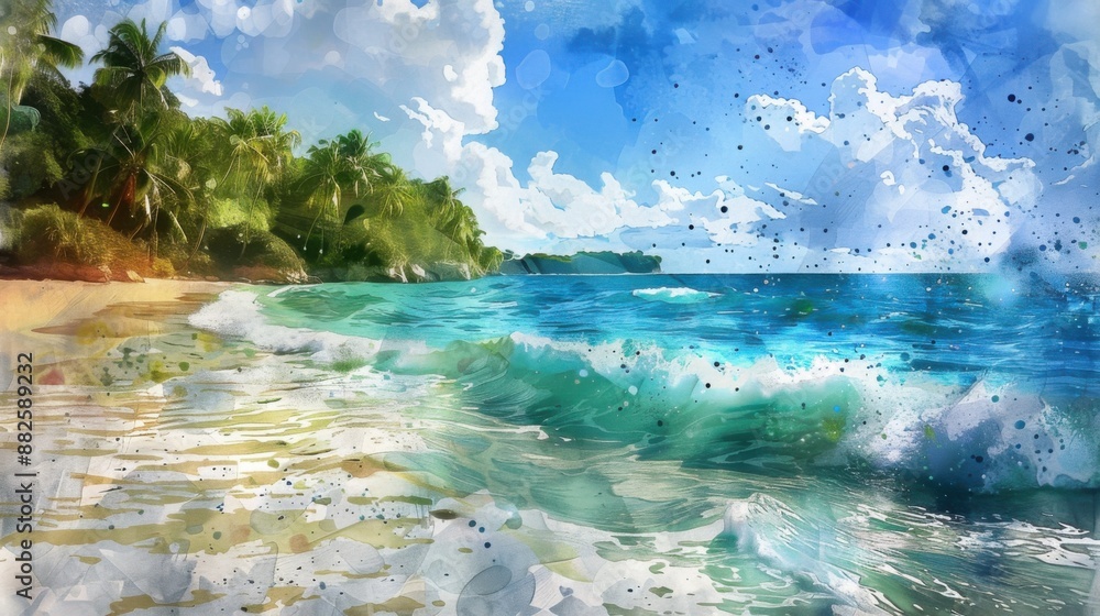 Serene Tropical Lagoon: Tranquil Watercolor Beachscape with Gentle Waves - Perfect Paradise Getaway Serene Tropical Lagoon: Tranquil Watercolor Beachscape with Gentle Waves - Perfect Paradise Getaway