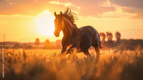 Horse Running Through Golden Field at Sunset