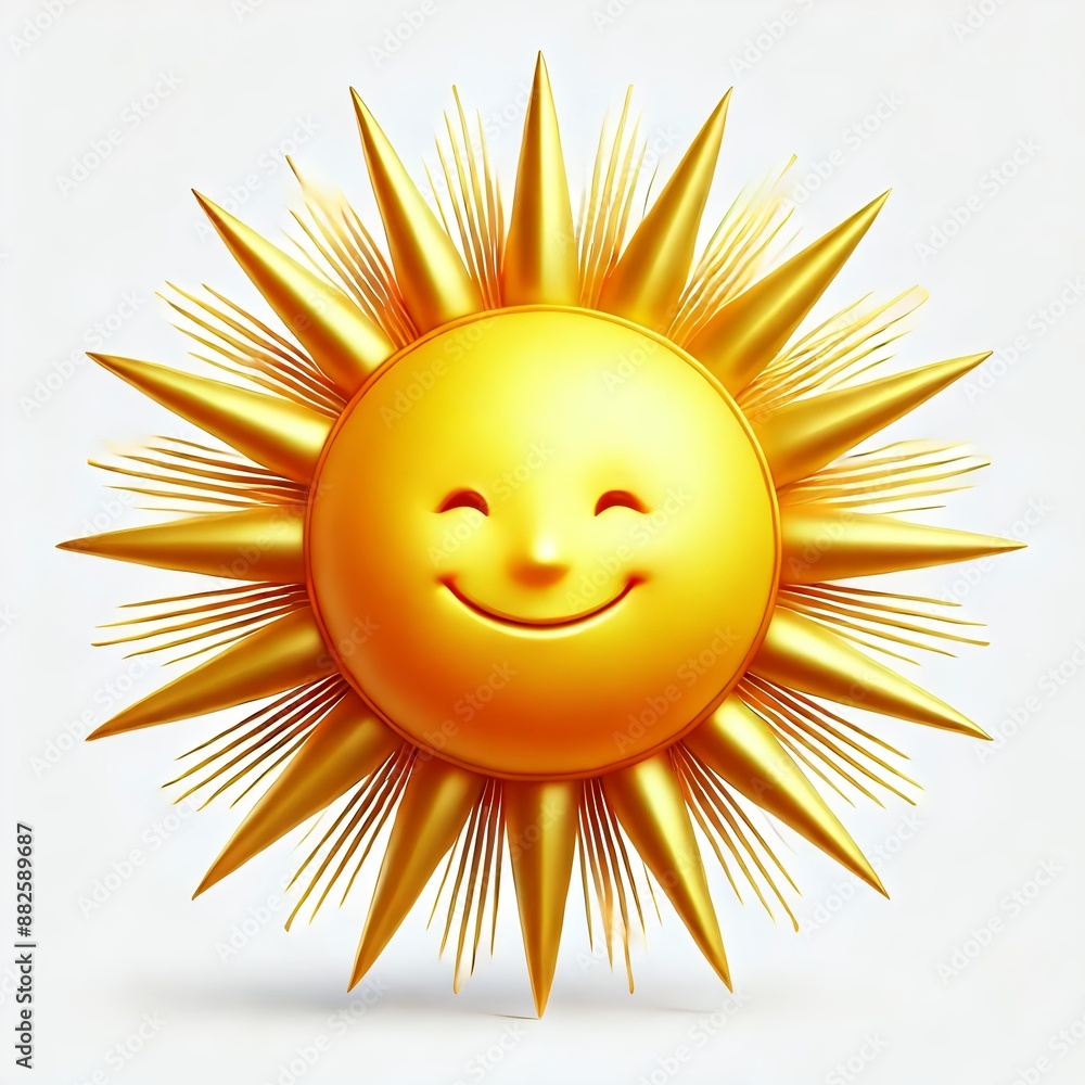 The image shows a bright and radiant sun with golden rays extending outward, set against a pure white background. The sun has a cheerful, warm glow, evoking feelings of happiness and energy The image shows a bright and radiant sun with golden rays extending outward, set against a pure white background. The sun has a cheerful, warm glow, evoking feelings of happiness and energy