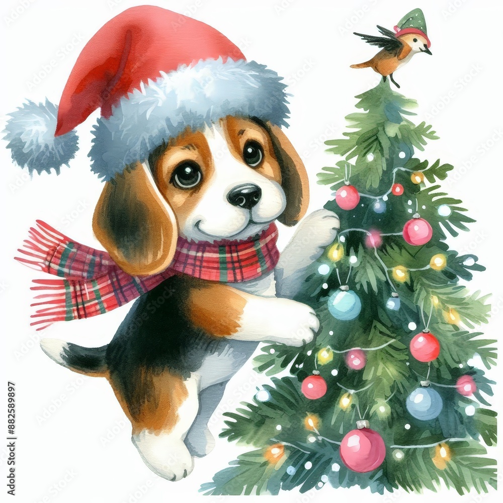 A cute beagle puppy wearing a Santa hat and scarf stands by a Christmas tree. A bird perches on a branch. A cute beagle puppy wearing a Santa hat and scarf stands by a Christmas tree. A bird perches on a branch.