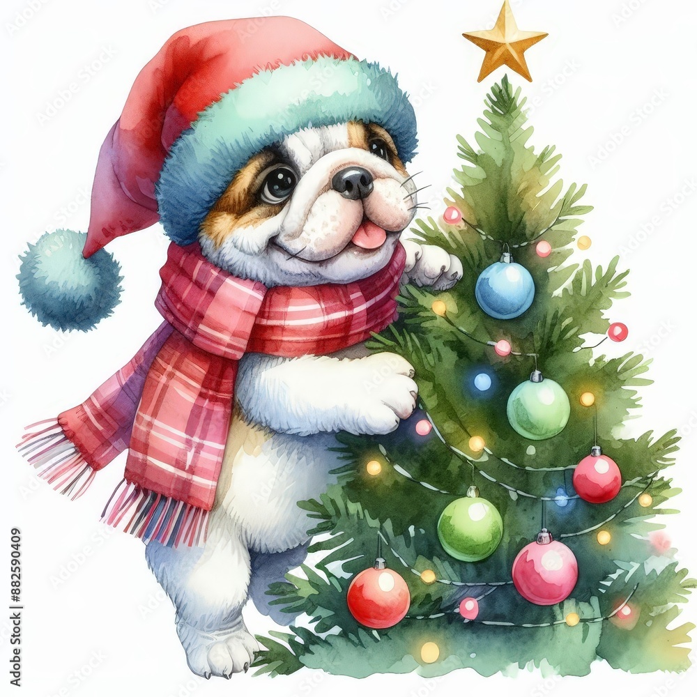 A cute bulldog puppy wearing a Santa hat and scarf stands next to a decorated Christmas tree. A cute bulldog puppy wearing a Santa hat and scarf stands next to a decorated Christmas tree.