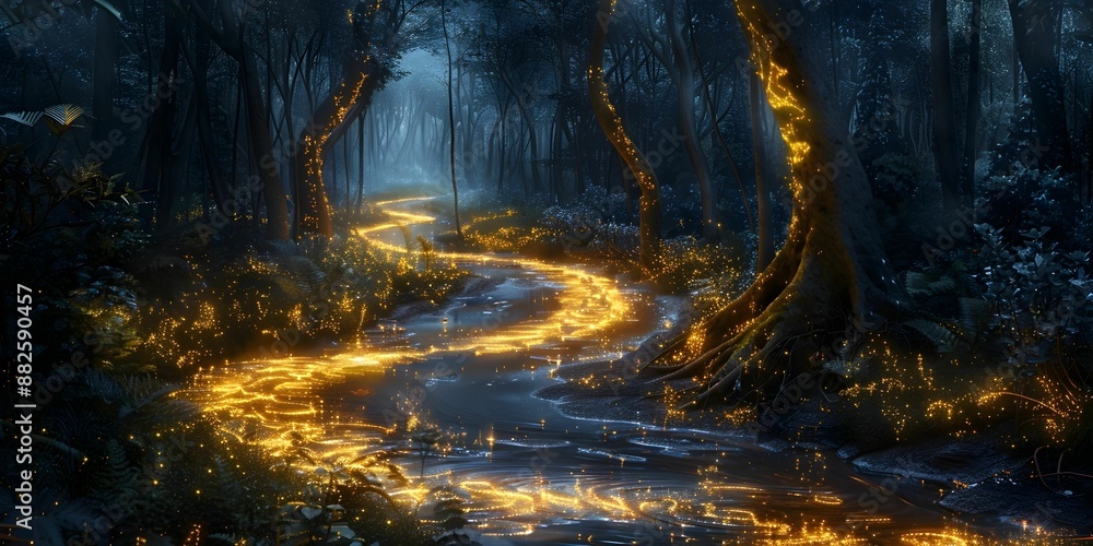 Fototapeta premium A forest with a lava flow that is orange and yellow. The light is glowing and it is a beautiful scene