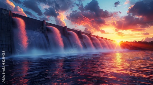 Sunset Over Dam with Cascading Water. Beautiful sunset over a dam with cascading water, reflecting vibrant colors in the sky and water below. © Old Man Stocker