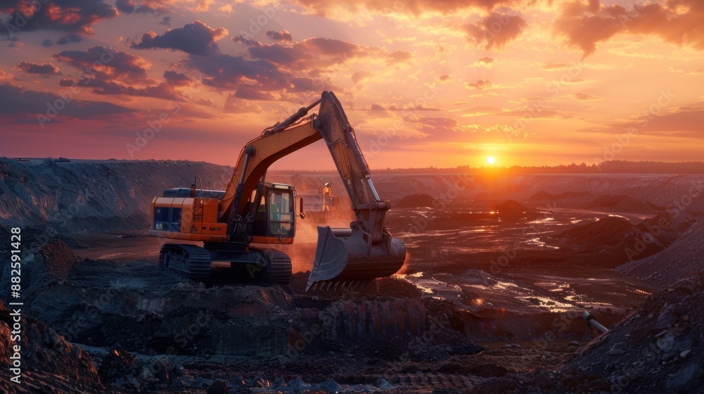 Excavator at Sunset in a Mining Pit Excavator at Sunset in a Mining Pit