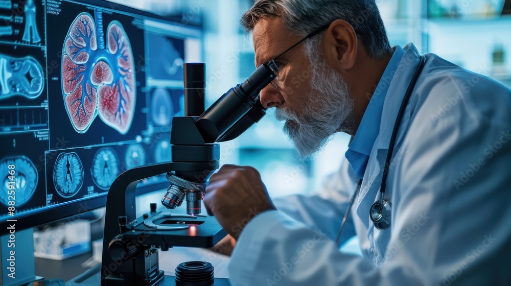 A man is looking at a computer monitor with a picture of a heart on it A man is looking at a computer monitor with a picture of a heart on it