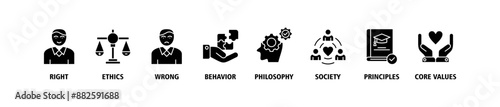 Morality banner web icon set vector symbol illustration concept with icon of Right, ethics, wrong, behavior, philosophy, society, principles, core values. Business banner web vector infographic