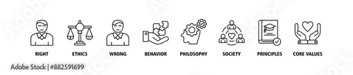 Morality banner web icon set vector symbol illustration concept with icon of Right, ethics, wrong, behavior, philosophy, society, principles, core values. Business banner web vector infographic