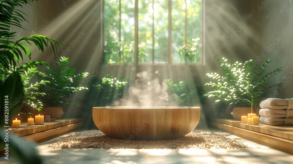 Sunlit Spa Room with Steam Bowl. Sunlit spa room featuring a large wooden steam bowl, surrounded by candles and lush plants, creating a calming environment. Sunlit Spa Room with Steam Bowl. Sunlit spa room featuring a large wooden steam bowl, surrounded by candles and lush plants, creating a calming environment.