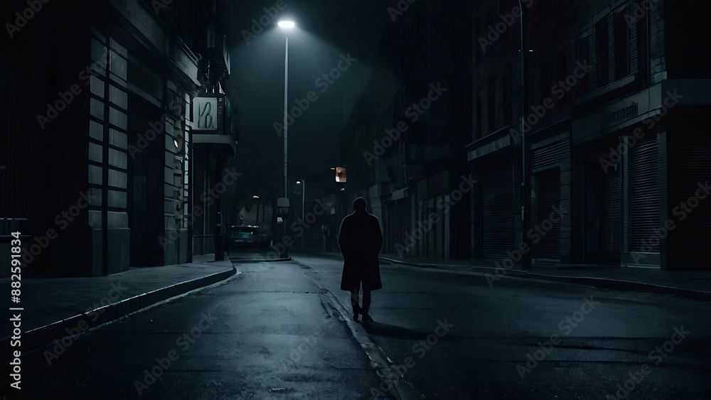 An isolated figure standing in under a tone streelight in an otherwise dark, empty city street, depicting depression, loneliness with copy space An isolated figure standing in under a tone streelight in an otherwise dark, empty city street, depicting depression, loneliness with copy space