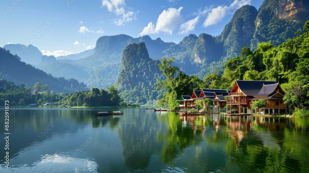 A serene view of Ban Rak Thai village nestled beside a tranquil lake, surrounded by lush green mountains A serene view of Ban Rak Thai village nestled beside a tranquil lake, surrounded by lush green mountains