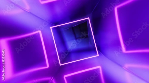 Abstract Geometric Square Tunnel. Fast flight through reflective, pulsating and neon tube has several glass portals. 4K loop animation in purple, dark blue colors with pink shape highlight.