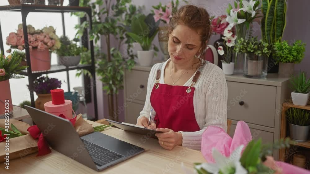 A young caucasian woman takes notes on a tablet in a flower shop with vibrant floral arrangements and a laptop on the desk. A young caucasian woman takes notes on a tablet in a flower shop with vibrant floral arrangements and a laptop on the desk.