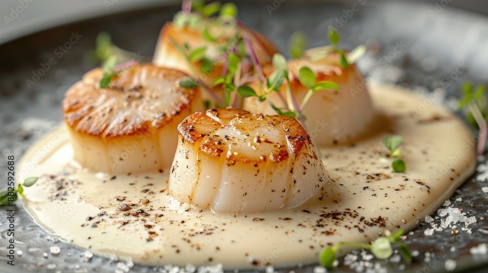 Close-up of a seared scallop dish with creamy sauce, garnished with microgreens and a sprinkle of coarse sea salt, balanced exposure enhancing the delicate texture