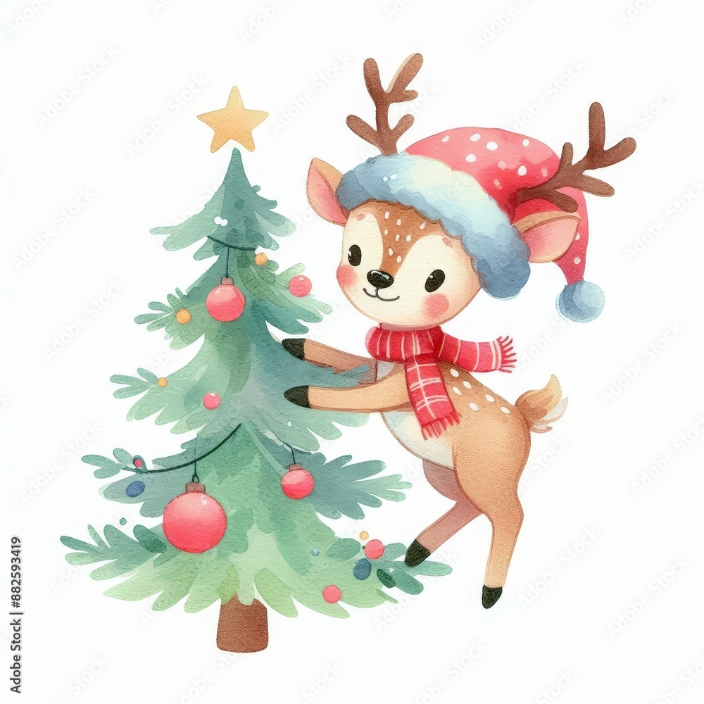 Naklejka premium A cute cartoon deer in a santa hat decorates a Christmas tree with red ornaments. Perfect for winter holiday greeting cards and designs.