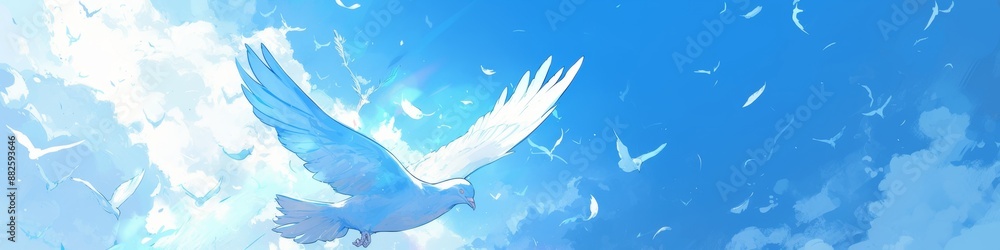Obraz premium Abstract Wallpaper Featuring White Doves Flying in the Sky with Divine Light Shining from Above. Blue Background with White Clouds and Feathers, Symbolizing Peace and Purity. AI-Generated High-Quality