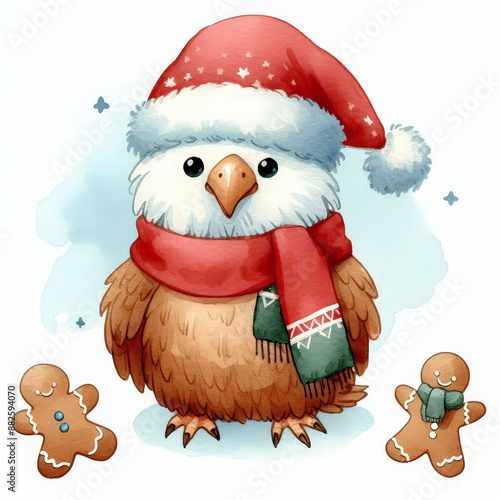 A cute cartoon owl wearing a Santa hat and scarf stands between two gingerbread men.