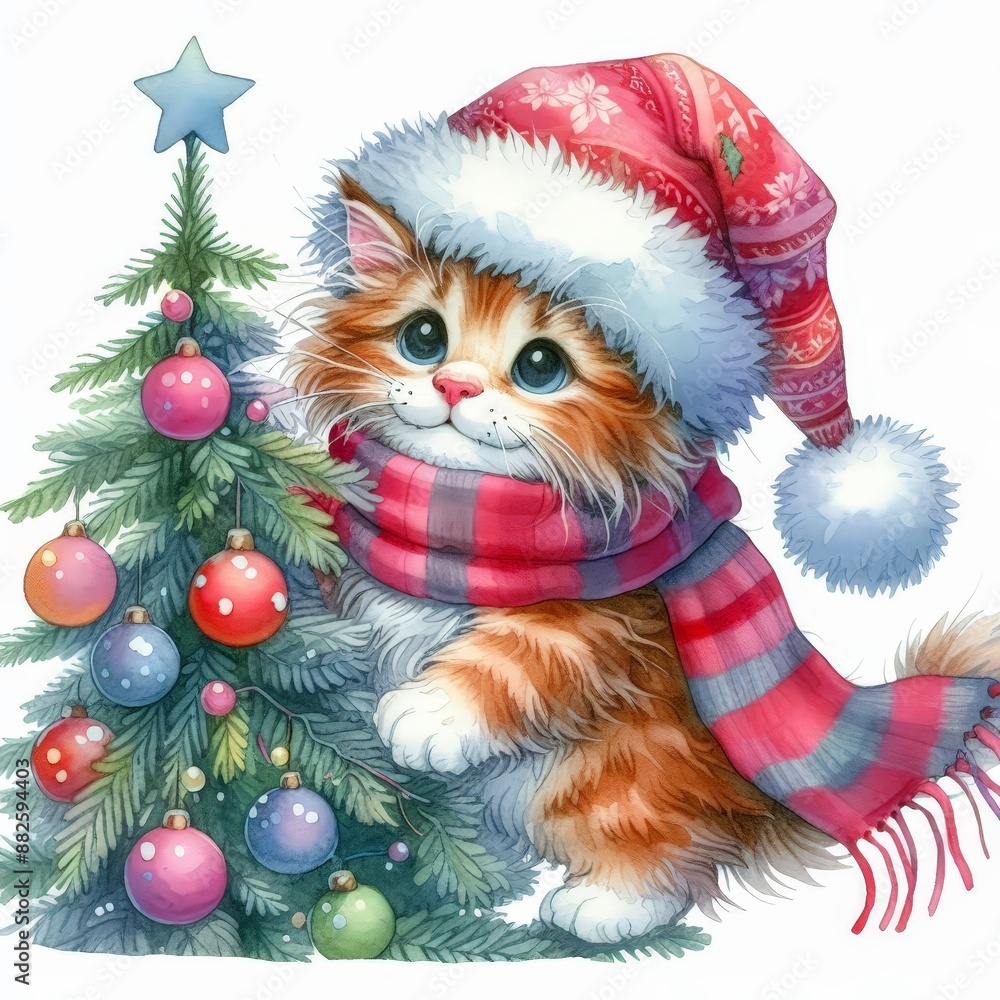 A cute cat in a Santa hat and scarf stands beside a decorated Christmas tree. A cute cat in a Santa hat and scarf stands beside a decorated Christmas tree.