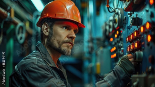 A man in a hard hat is working on a machine with many buttons