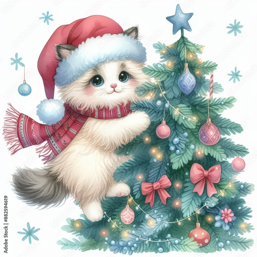 A cute cat wearing a Santa hat and scarf decorates a Christmas tree with ornaments. A cute cat wearing a Santa hat and scarf decorates a Christmas tree with ornaments.