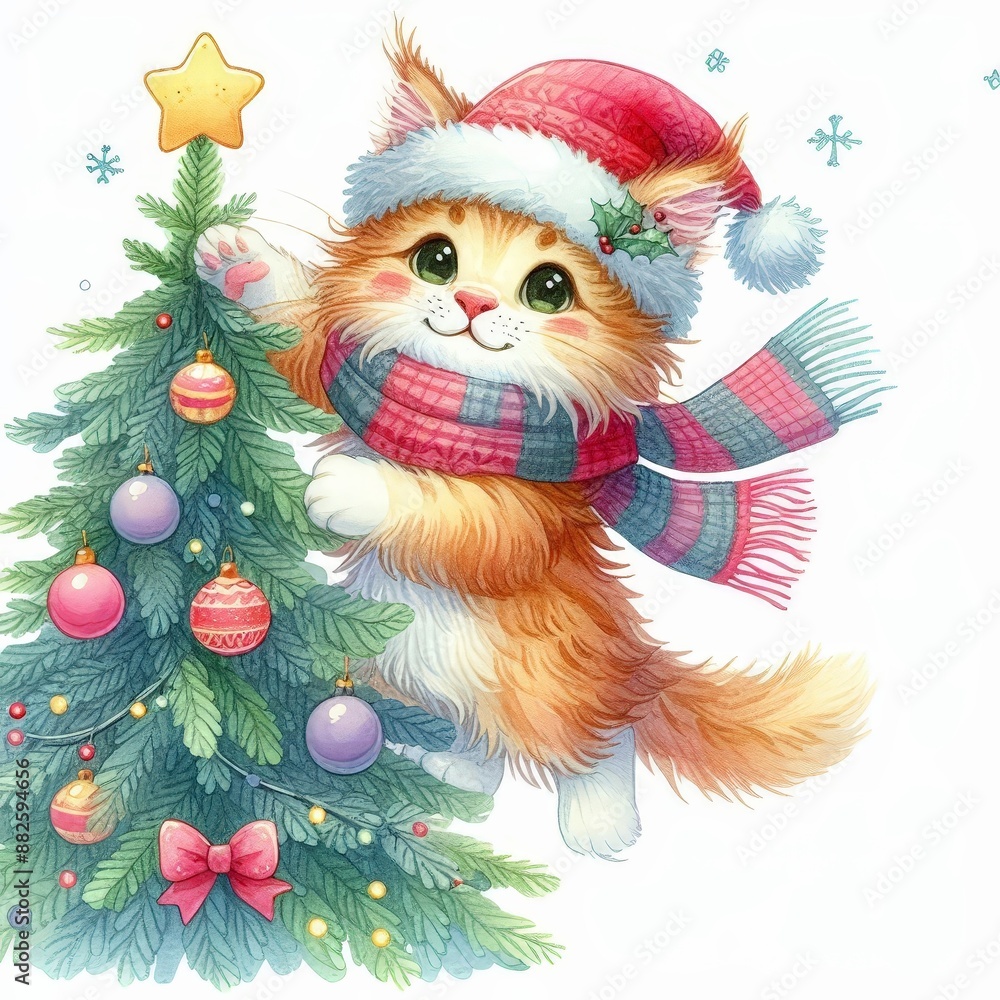 A cute cat wearing a Santa hat and scarf decorating a Christmas tree. A cute cat wearing a Santa hat and scarf decorating a Christmas tree.