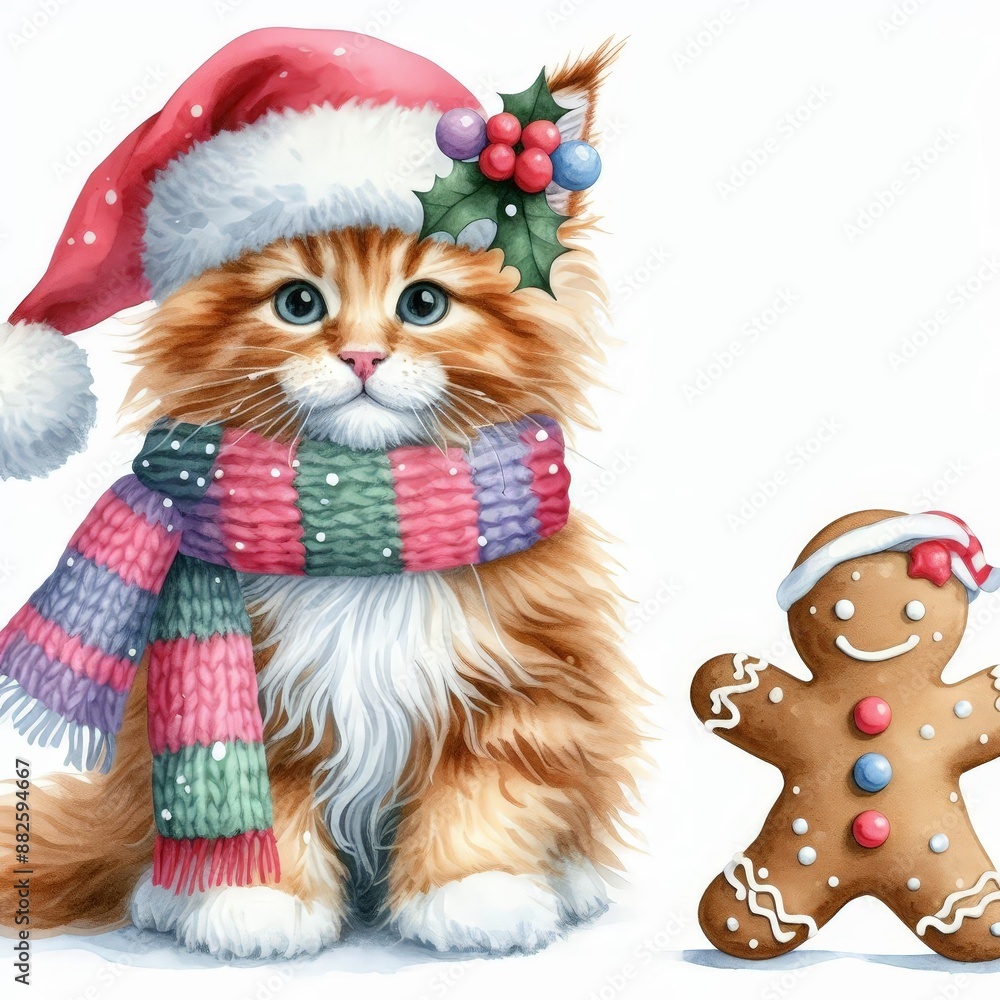 A cute cat wearing a Santa hat and scarf looks at a gingerbread man. A cute cat wearing a Santa hat and scarf looks at a gingerbread man.